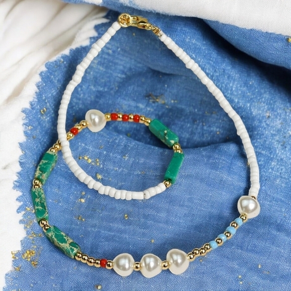 π Boho Pearl & Turquoise Gemstone Beaded Necklace | Handmade Bohemian Chic - Picture 4 of 15